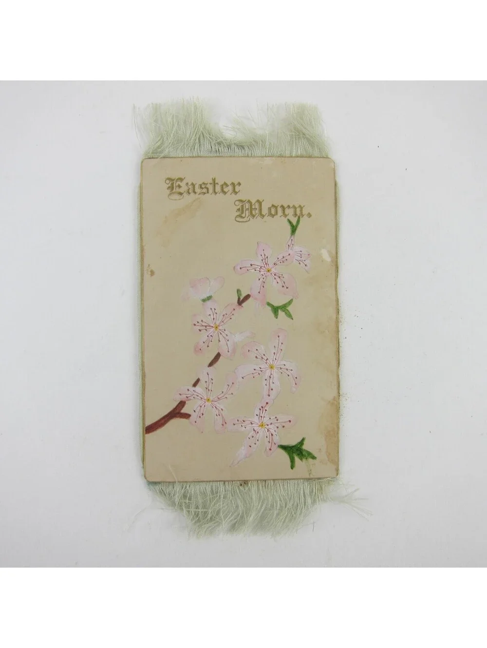 Victorian Card Easter Branch Blooms Pink Flowers Fringe Gold Gilt Edge Antique